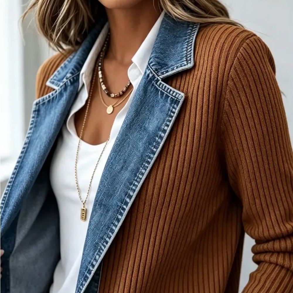 Red Ribbed Knit Jacket with Denim Trim - Picture 4 of 4
